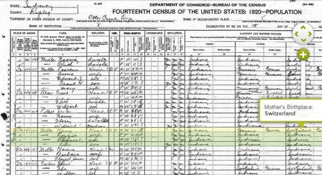 1920 Federal Census, note the Henry Miller family in green. Off to the left side is mentioned 